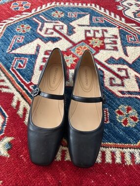 Bernardo Black Leather Mary Jane Flats with Buckle Strap